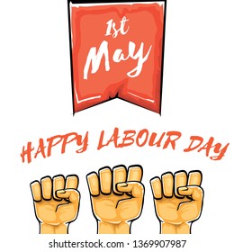 Happy labour day vector label with strong orange fist isolated on white background. vector happy labor day background with man hand. red workers may day poster