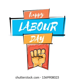 Happy labour day vector label with strong orange fist isolated on white background. vector happy labor day background with man hand. red workers may day poster
