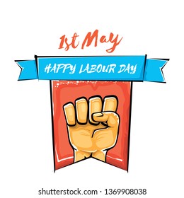 Happy labour day vector label with strong orange fist isolated on white background. vector happy labor day background with man hand. red workers may day poster