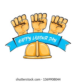 Happy labour day vector label with strong orange fist isolated on white background. vector happy labor day background with man hand. red workers may day poster