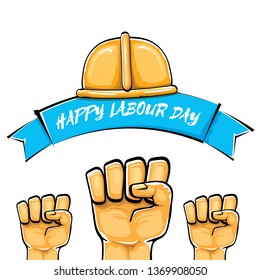 Happy labour day vector label with strong orange fist isolated on white background. vector happy labor day background with man hand. red workers may day poster
