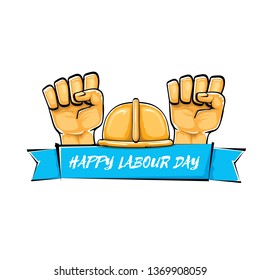 Happy labour day vector label with strong orange fist isolated on white background. vector happy labor day background with man hand. red workers may day poster