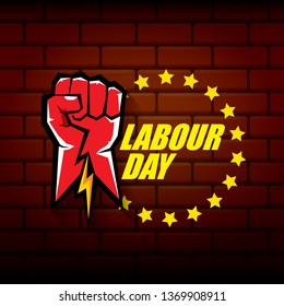 Happy labour day vector label with strong orange fist on red brick wall background. vector happy labor day background or banner with man hand. workers may day poster