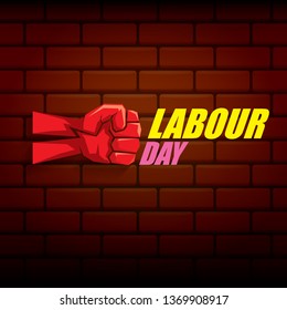 Happy labour day vector label with strong orange fist on red brick wall background. vector happy labor day background or banner with man hand. workers may day poster