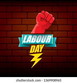 Happy labour day vector label with strong orange fist on red brick wall background. vector happy labor day background or banner with man hand. workers may day poster