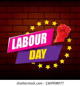 Happy labour day vector label with strong orange fist on red brick wall background. vector happy labor day background or banner with man hand. workers may day poster