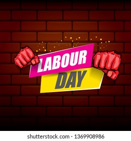 Happy labour day vector label with strong orange fist on red brick wall background. vector happy labor day background or banner with man hand. workers may day poster
