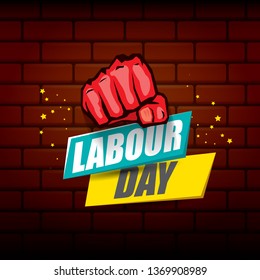 Happy labour day vector label with strong orange fist on red brick wall background. vector happy labor day background or banner with man hand. workers may day poster