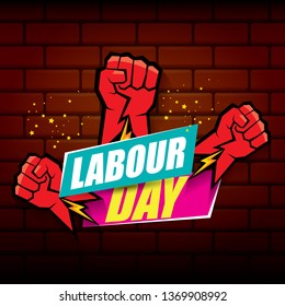 Happy labour day vector label with strong orange fist on red brick wall background. vector happy labor day background or banner with man hand. workers may day poster