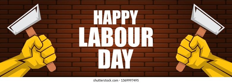 Happy labour day vector label with strong orange fist on brick wall  horizontal background. vector happy labor day background or horizontal banner with man hand. workers may day poster