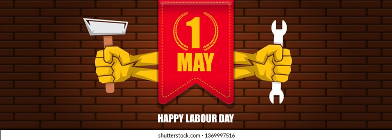 Happy labour day vector label with strong orange fist on brick wall  horizontal background. vector happy labor day background or horizontal banner with man hand. workers may day poster