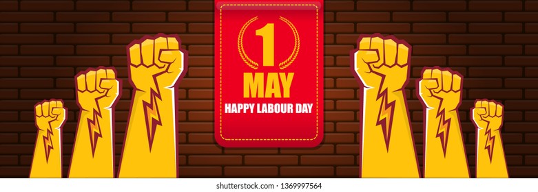 Happy labour day vector label with strong orange fist on brick wall  horizontal background. vector happy labor day background or horizontal banner with man hand. workers may day poster