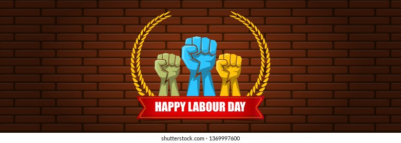 Happy labour day vector label with strong orange fist on brick wall  horizontal background. vector happy labor day background or horizontal banner with man hand. workers may day poster