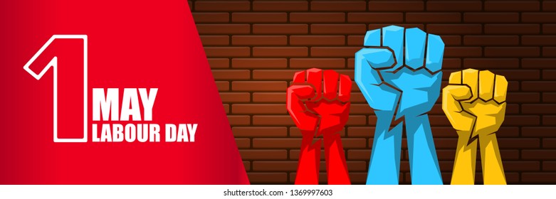Happy labour day vector label with strong orange fist on brick wall  horizontal background. vector happy labor day background or horizontal banner with man hand. workers may day poster