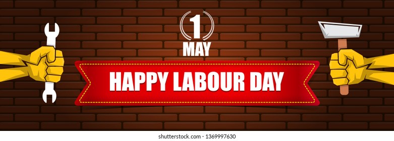 Happy labour day vector label with strong orange fist on brick wall  horizontal background. vector happy labor day background or horizontal banner with man hand. workers may day poster