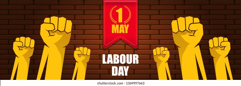 Happy labour day vector label with strong orange fist on brick wall  horizontal background. vector happy labor day background or horizontal banner with man hand. workers may day poster