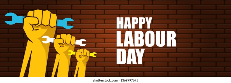 Happy labour day vector label with strong orange fist on brick wall  horizontal background. vector happy labor day background or horizontal banner with man hand. workers may day poster