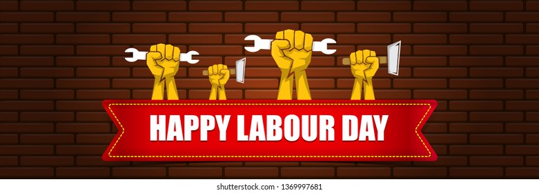 Happy labour day vector label with strong orange fist on brick wall  horizontal background. vector happy labor day background or horizontal banner with man hand. workers may day poster