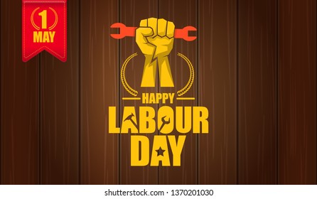 Happy labour day vector label with strong orange fist isolated on wooden horizontal background. vector happy labor day background or horizontal banner with man hand. red workers may day poster