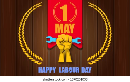 Happy labour day vector label with strong orange fist isolated on wooden horizontal background. vector happy labor day background or horizontal banner with man hand. red workers may day poster