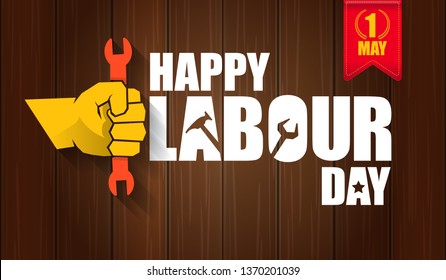 Happy labour day vector label with strong orange fist isolated on wooden horizontal background. vector happy labor day background or horizontal banner with man hand. red workers may day poster