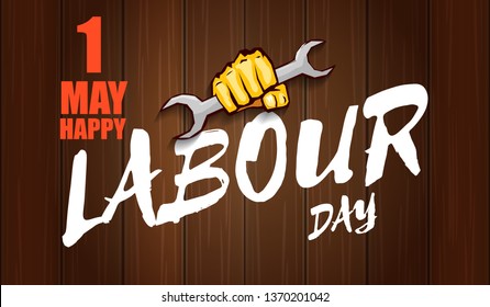 Happy labour day vector label with strong orange fist isolated on wooden horizontal background. vector happy labor day background or horizontal banner with man hand. red workers may day poster