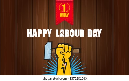 Happy labour day vector label with strong orange fist isolated on wooden horizontal background. vector happy labor day background or horizontal banner with man hand. red workers may day poster