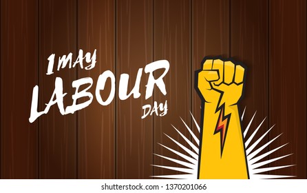 Happy labour day vector label with strong orange fist isolated on wooden horizontal background. vector happy labor day background or horizontal banner with man hand. red workers may day poster