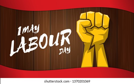 Happy labour day vector label with strong orange fist isolated on wooden horizontal background. vector happy labor day background or horizontal banner with man hand. red workers may day poster