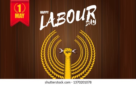 Happy labour day vector label with strong orange fist isolated on wooden horizontal background. vector happy labor day background or horizontal banner with man hand. red workers may day poster