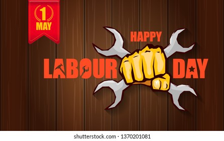 Happy labour day vector label with strong orange fist isolated on wooden horizontal background. vector happy labor day background or horizontal banner with man hand. red workers may day poster