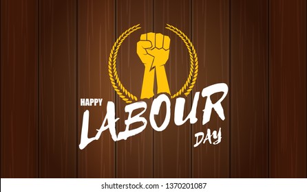Happy labour day vector label with strong orange fist isolated on wooden horizontal background. vector happy labor day background or horizontal banner with man hand. red workers may day poster