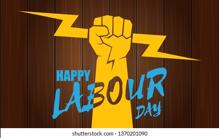 Happy labour day vector label with strong orange fist isolated on wooden horizontal background. vector happy labor day background or horizontal banner with man hand. red workers may day poster