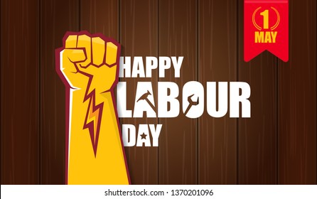 Happy labour day vector label with strong orange fist isolated on wooden horizontal background. vector happy labor day background or horizontal banner with man hand. red workers may day poster