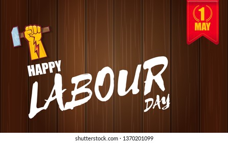 Happy labour day vector label with strong orange fist isolated on wooden horizontal background. vector happy labor day background or horizontal banner with man hand. red workers may day poster