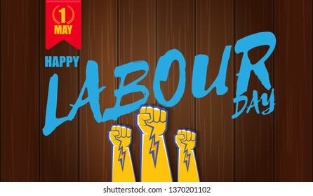 Happy labour day vector label with strong orange fist isolated on wooden horizontal background. vector happy labor day background or horizontal banner with man hand. red workers may day poster