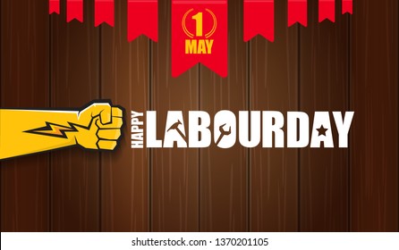Happy labour day vector label with strong orange fist isolated on wooden horizontal background. vector happy labor day background or horizontal banner with man hand. red workers may day poster