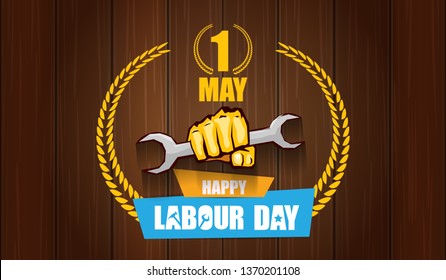 Happy labour day vector label with strong orange fist isolated on wooden horizontal background. vector happy labor day background or horizontal banner with man hand. red workers may day poster
