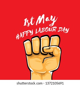 Happy labour day vector label with strong orange fist isolated on red background. vector happy labor day background with man hand. red workers may day poster