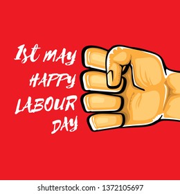 Happy labour day vector label with strong orange fist isolated on red background. vector happy labor day background with man hand. red workers may day poster