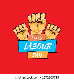 Happy labour day vector label with strong orange fist isolated on red background. vector happy labor day background with man hand. red workers may day poster