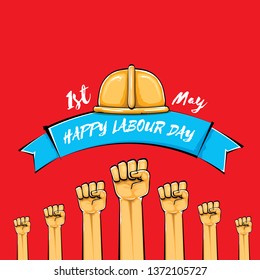 Happy labour day vector label with strong orange fist isolated on red background. vector happy labor day background with man hand. red workers may day poster