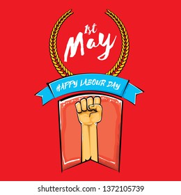 Happy labour day vector label with strong orange fist isolated on red background. vector happy labor day background with man hand. red workers may day poster
