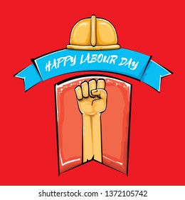 Happy labour day vector label with strong orange fist isolated on red background. vector happy labor day background with man hand. red workers may day poster