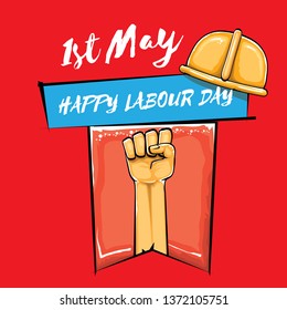 Happy labour day vector label with strong orange fist isolated on red background. vector happy labor day background with man hand. red workers may day poster