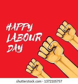 Happy labour day vector label with strong orange fist isolated on red background. vector happy labor day background with man hand. red workers may day poster