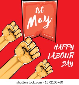 Happy labour day vector label with strong orange fist isolated on red background. vector happy labor day background with man hand. red workers may day poster