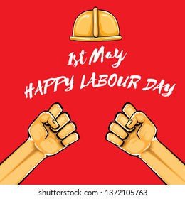 Happy labour day vector label with strong orange fist isolated on red background. vector happy labor day background with man hand. red workers may day poster
