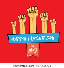 Happy labour day vector label with strong orange fist isolated on red background. vector happy labor day background with man hand. red workers may day poster