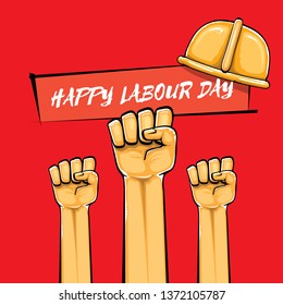 Happy labour day vector label with strong orange fist isolated on red background. vector happy labor day background with man hand. red workers may day poster